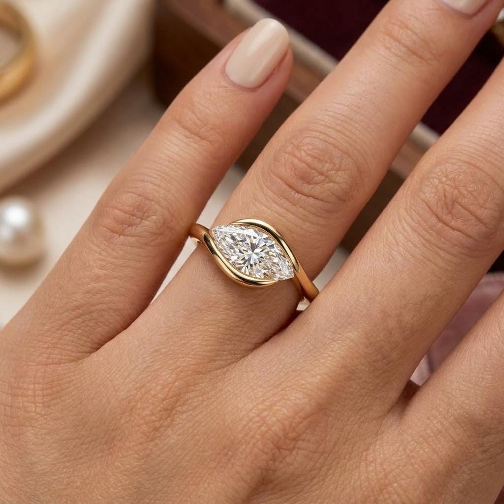 East West Marquise Cut Moissanite Engagement Ring, 14k Solid Gold Wedding Rings for Women, Half Bezel Bypass Setting, Unique Bridal Jewelry image #4