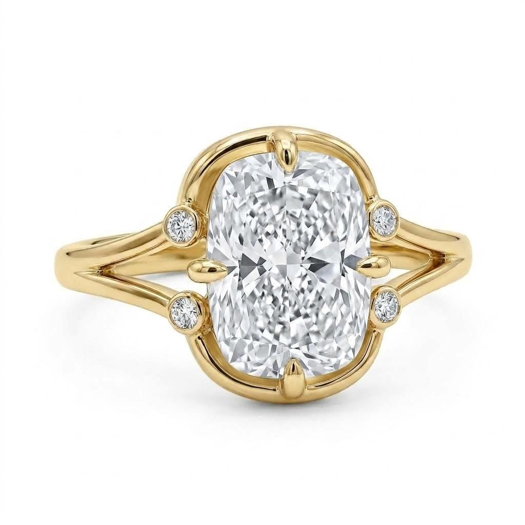 Elongated Cushion Moissanite Engagement Ring | 14K Yellow Gold, Round Diamond Side Stones image #4