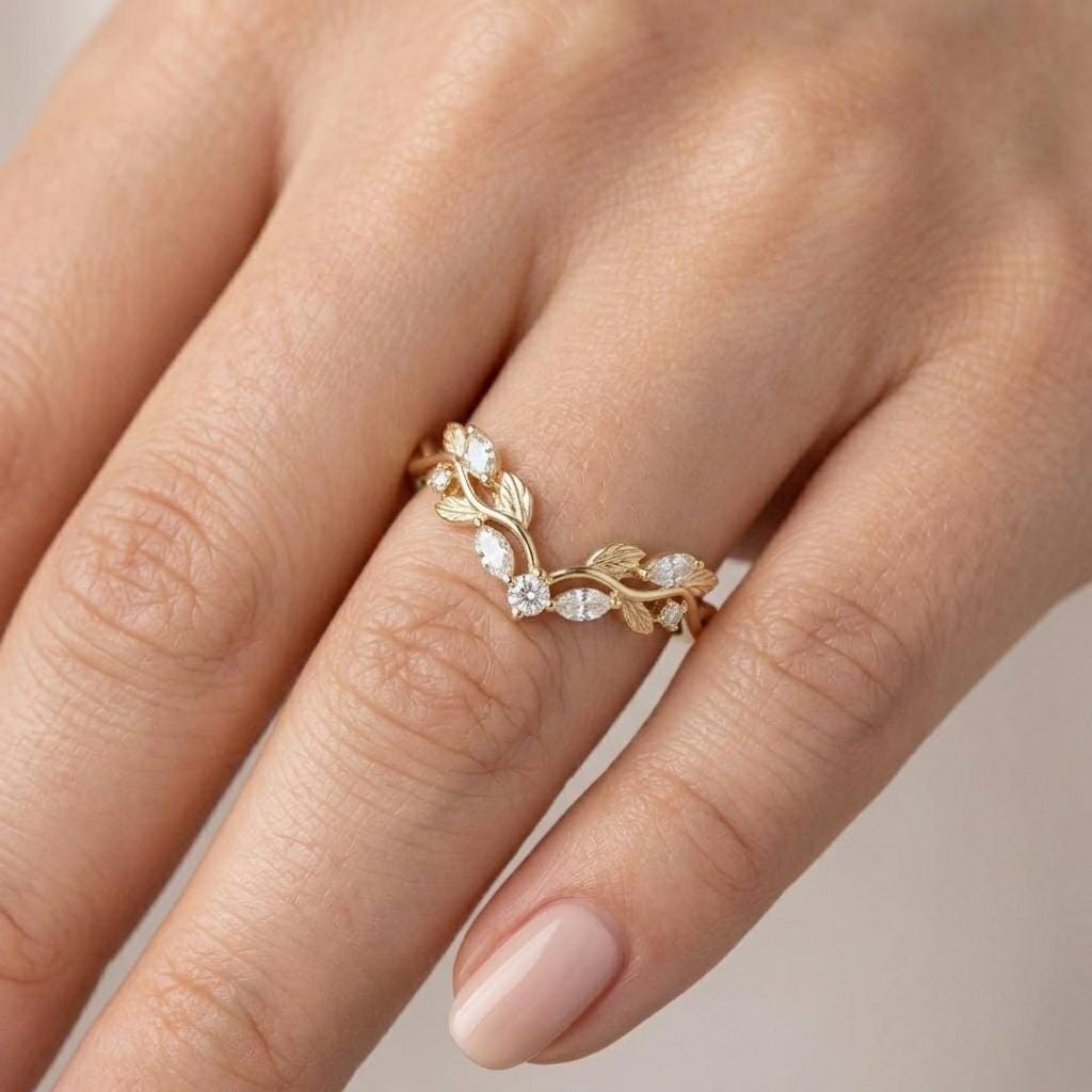 Vintage 14K Yellow Gold Leaf Ring: Marquise Moissanite, Diamond Curved Bridal Band image #1
