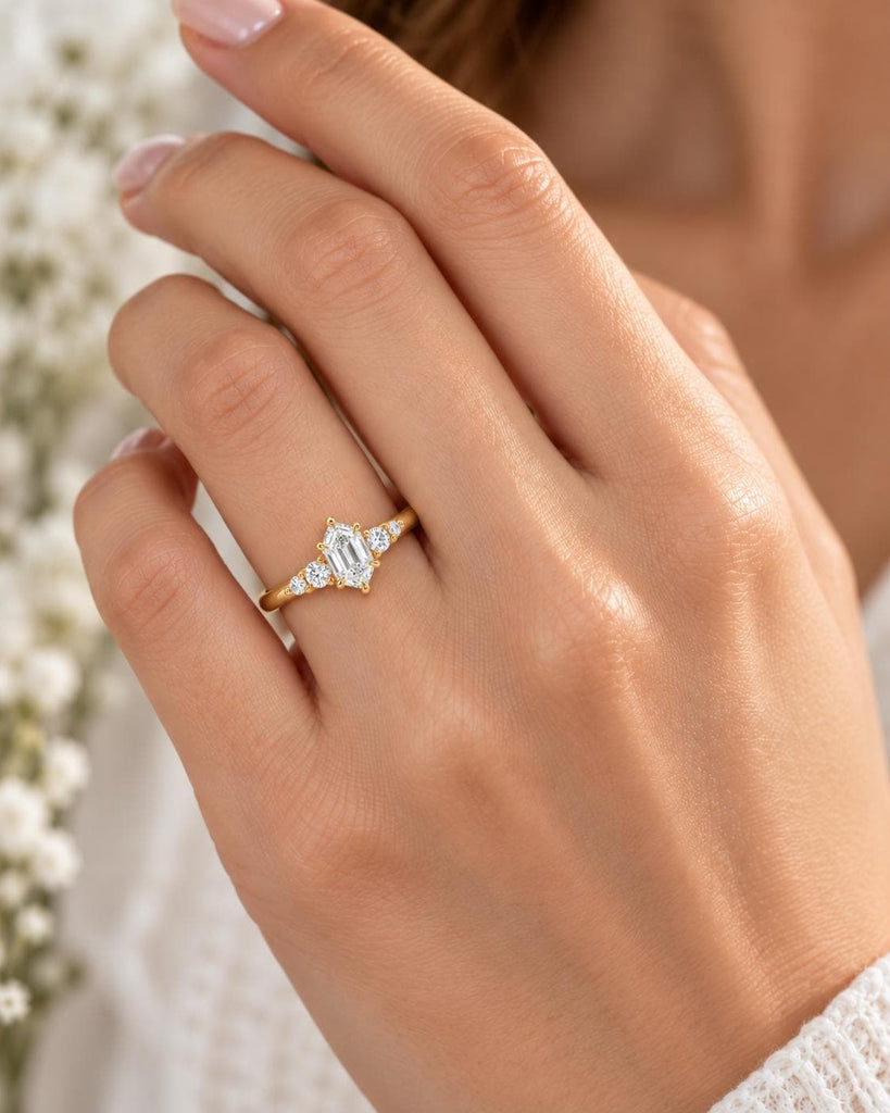 Lab Made Diamond Five Stone Promise Ring | Anniversary Gift for Her | Dutch Marquise cut Vintage Gold Bridal Jewelry image #2