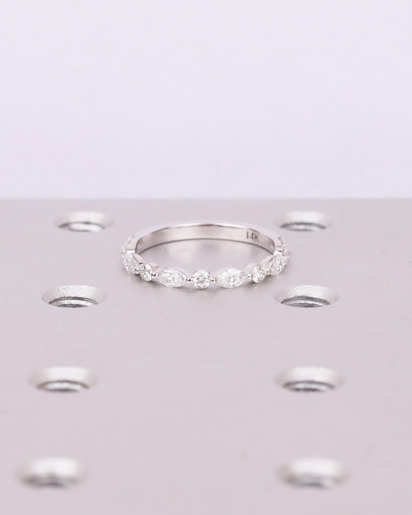 14K Solid Gold Marquise Moissanite Band Ring, Alternating Marquise and Round Moissanites, Stackable Half Eternity Ring image #3