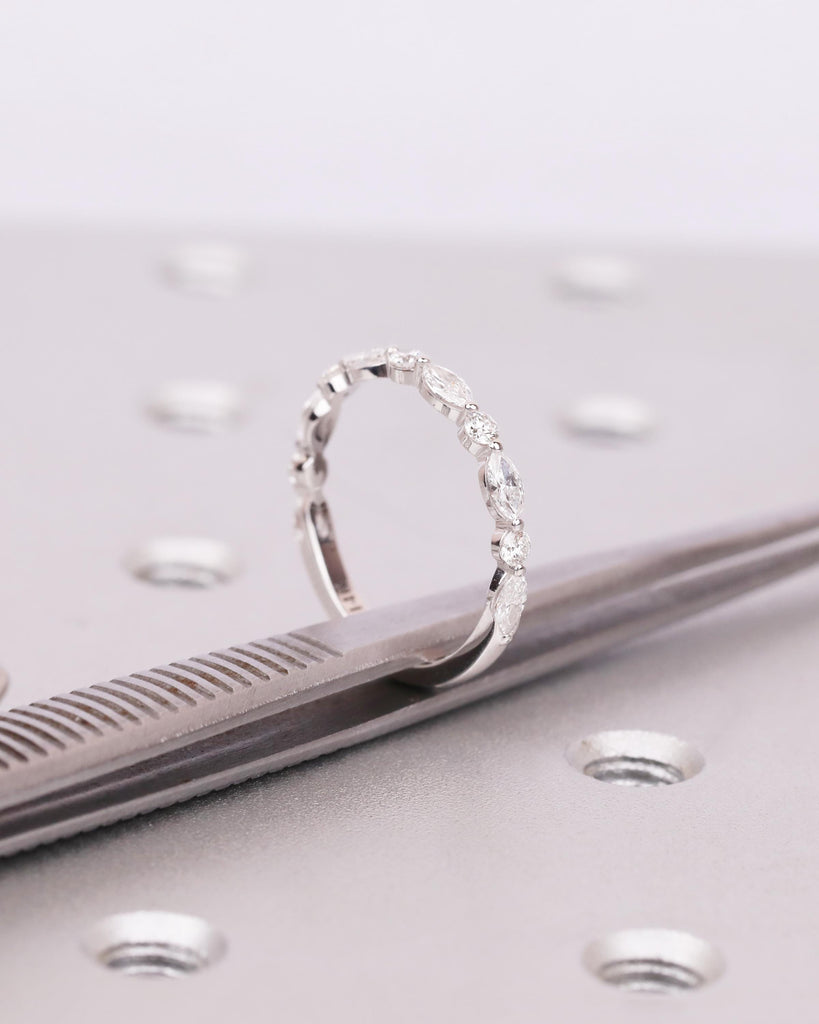 Lab Grown Diamond Wedding Ring in 14K/18K White Yellow Rose Gold or Platinum, Marquise and Round Cut, Half Eternity, Unique Stacking Ring image #8