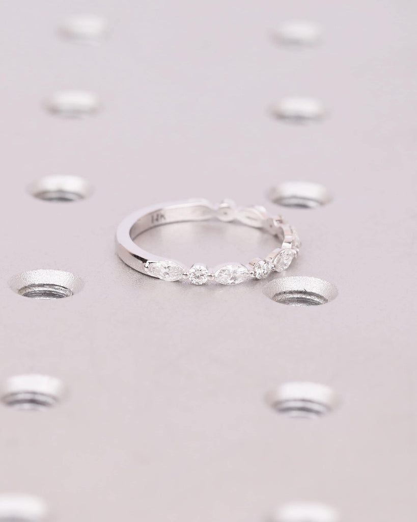 Vintage Moissanite Marquise Round Wedding Ring, 14k Solid Gold Moissanite Wedding Band, Half Eternity Marquise Moissanite Ring Stacking Ring image #4