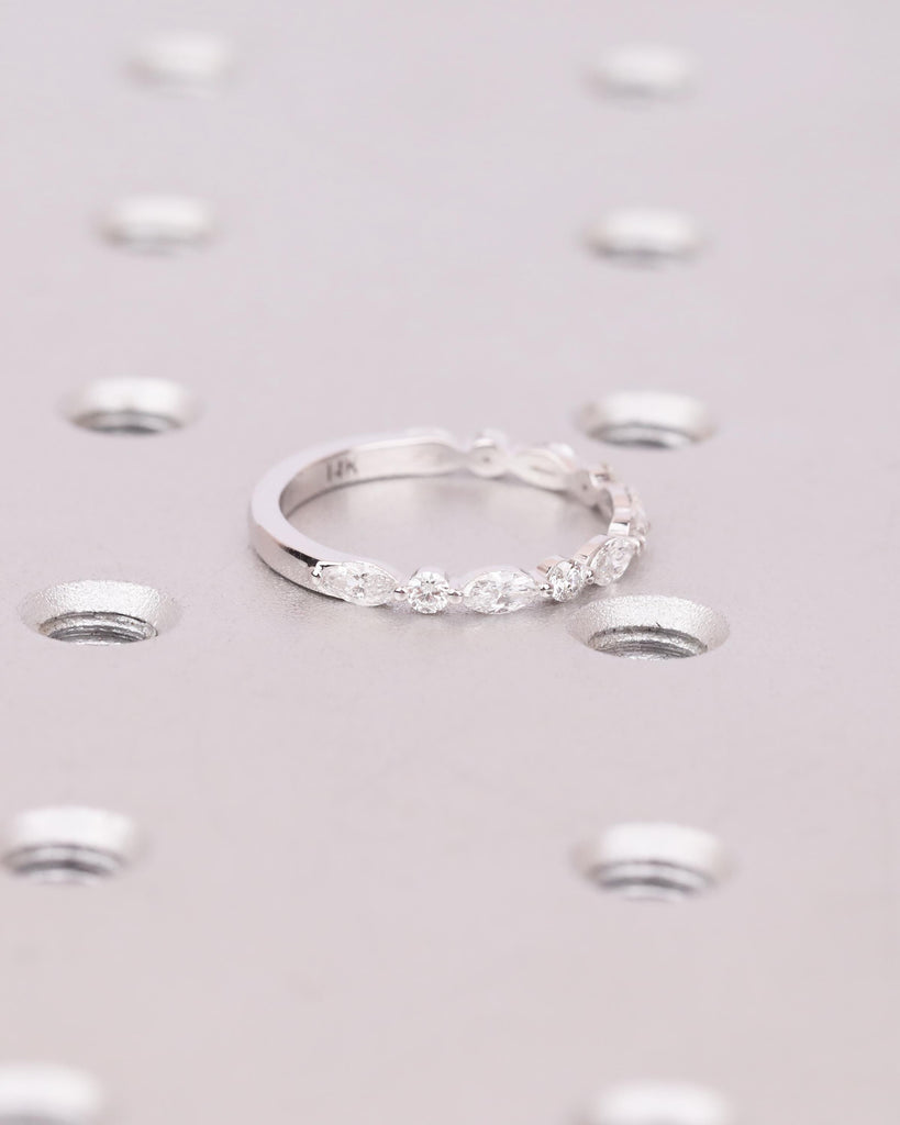 14K Solid Gold Marquise Moissanite Band Ring, Alternating Marquise and Round Moissanites, Stackable Half Eternity Ring image #6