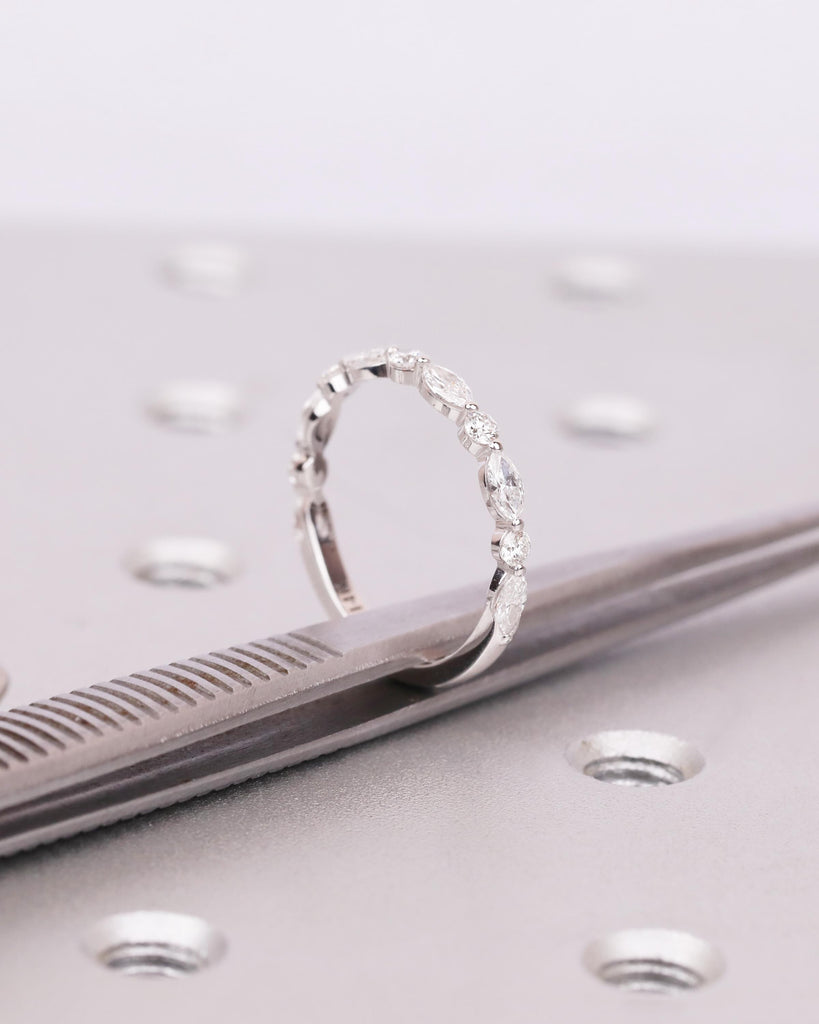 14K Solid Gold Marquise Moissanite Band Ring, Alternating Marquise and Round Moissanites, Stackable Half Eternity Ring image #13