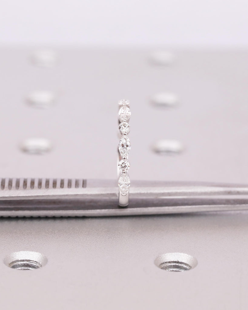 14K Solid Gold Marquise Moissanite Band Ring, Alternating Marquise and Round Moissanites, Stackable Half Eternity Ring image #8