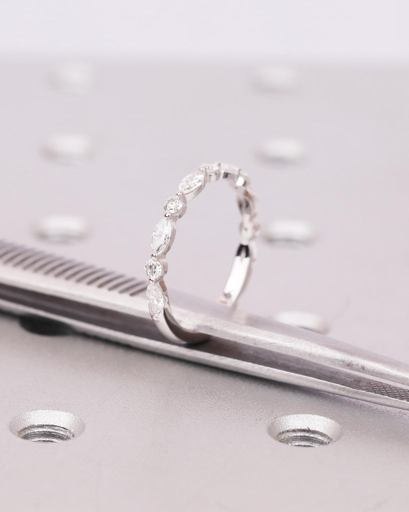 Vintage Diamond Wedding Band, Natural Marquise and Round Diamonds, Stackable Half Eternity Ring, Anniversary Band Ring image #9
