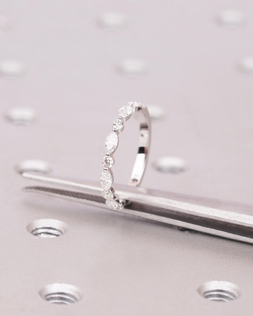 Vintage Diamond Wedding Band, Natural Marquise and Round Diamonds, Stackable Half Eternity Ring, Anniversary Band Ring image #13