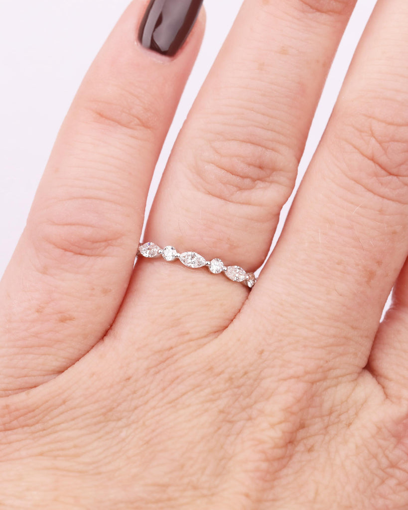 Vintage Diamond Wedding Band, Natural Marquise and Round Diamonds, Stackable Half Eternity Ring, Anniversary Band Ring image #3