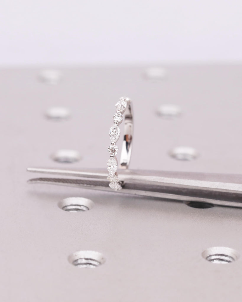 Vintage Diamond Wedding Band, Natural Marquise and Round Diamonds, Stackable Half Eternity Ring, Anniversary Band Ring image #11