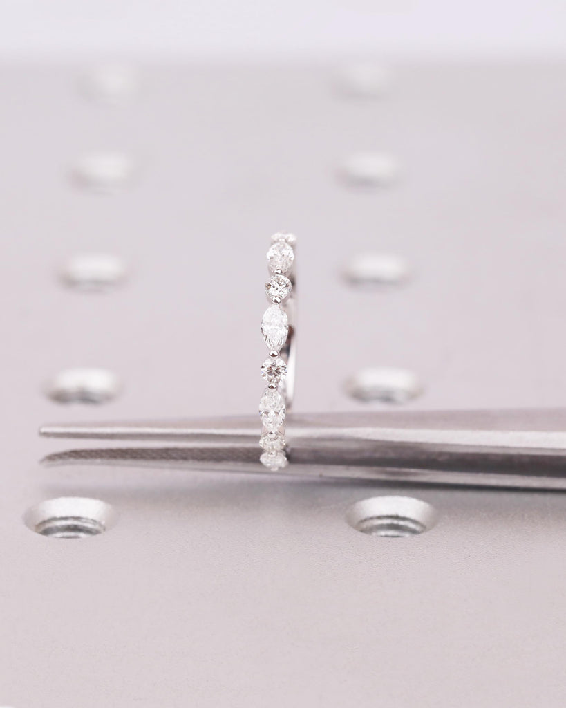 Lab Grown Diamond Wedding Ring in 14K/18K White Yellow Rose Gold or Platinum, Marquise and Round Cut, Half Eternity, Unique Stacking Ring image #13