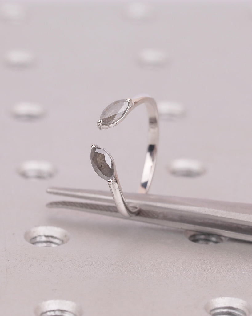 Marquise Cut Salt and Pepper Diamond Open Band Ring, Dainty 18k White Gold Wedding Band, Unique Stackable Rings for Women, Bridal Jewelry image #16