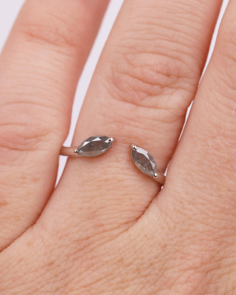 Marquise Cut Salt and Pepper Diamond Open Band Ring, Dainty 18k White Gold Wedding Band, Unique Stackable Rings for Women, Bridal Jewelry image #2