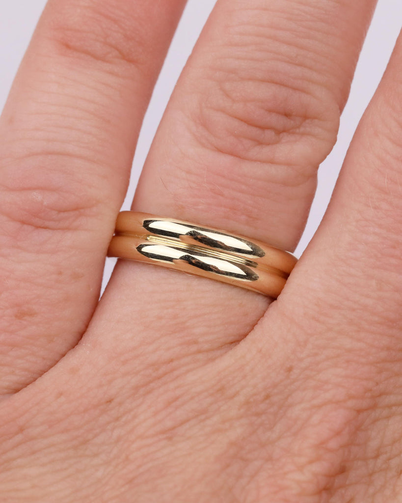 14k Yellow Gold Wedding Band, Double Band Matching Ring, Hidden Round Green Sapphire Stacking Rings, Bridal Gift for Women, Unique Jewelry image #13