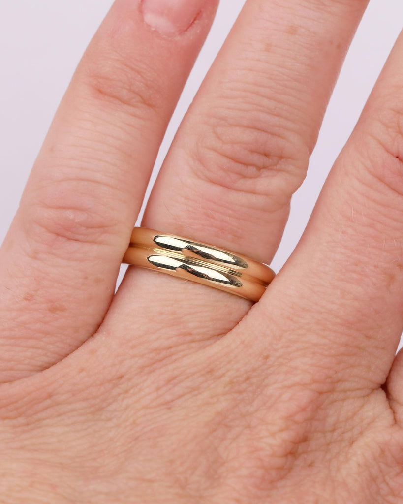 14k Yellow Gold Wedding Band, Double Band Matching Ring, Hidden Round Green Sapphire Stacking Rings, Bridal Gift for Women, Unique Jewelry image #2