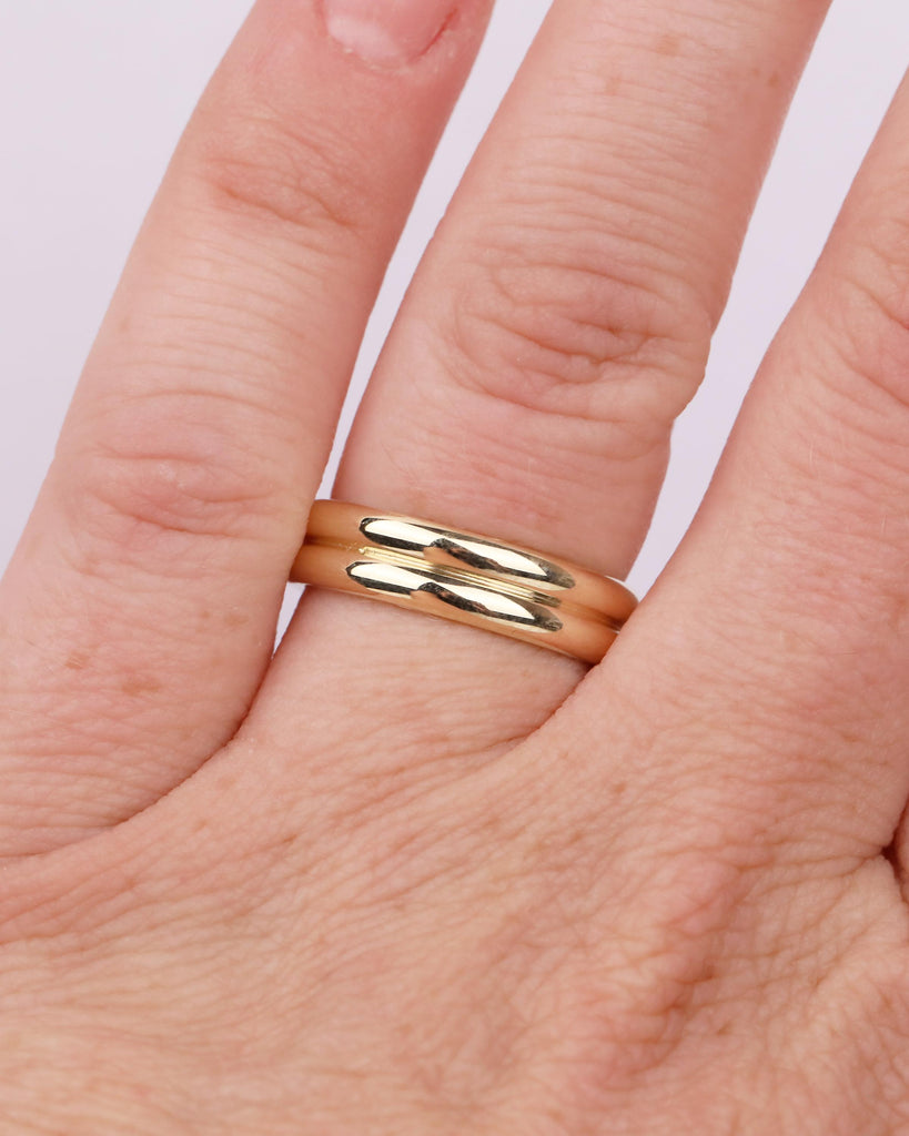 14k Yellow Gold Wedding Band, Double Band Matching Ring, Hidden Round Green Sapphire Stacking Rings, Bridal Gift for Women, Unique Jewelry image #15