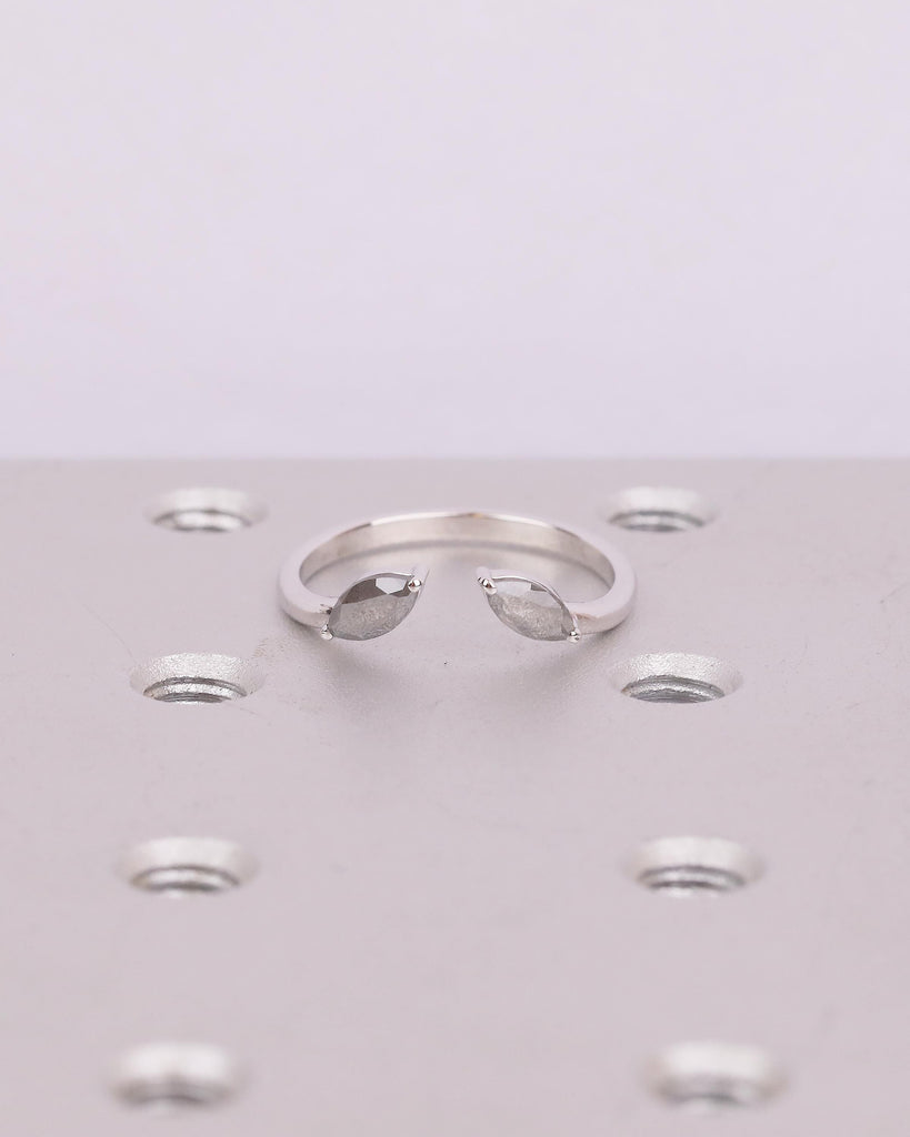Marquise Cut Salt and Pepper Diamond Open Band Ring, Dainty 18k White Gold Wedding Band, Unique Stackable Rings for Women, Bridal Jewelry image #1