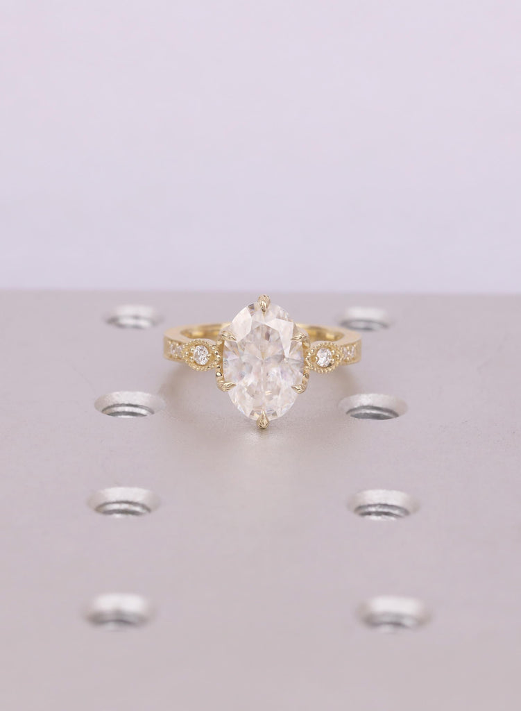 Vintage Tulip Setting Moissanite Engagement Rings for Women | 14K Yellow Gold Filigree Proposal Ring | Diamond Alternative Bridal Jewelry image #3