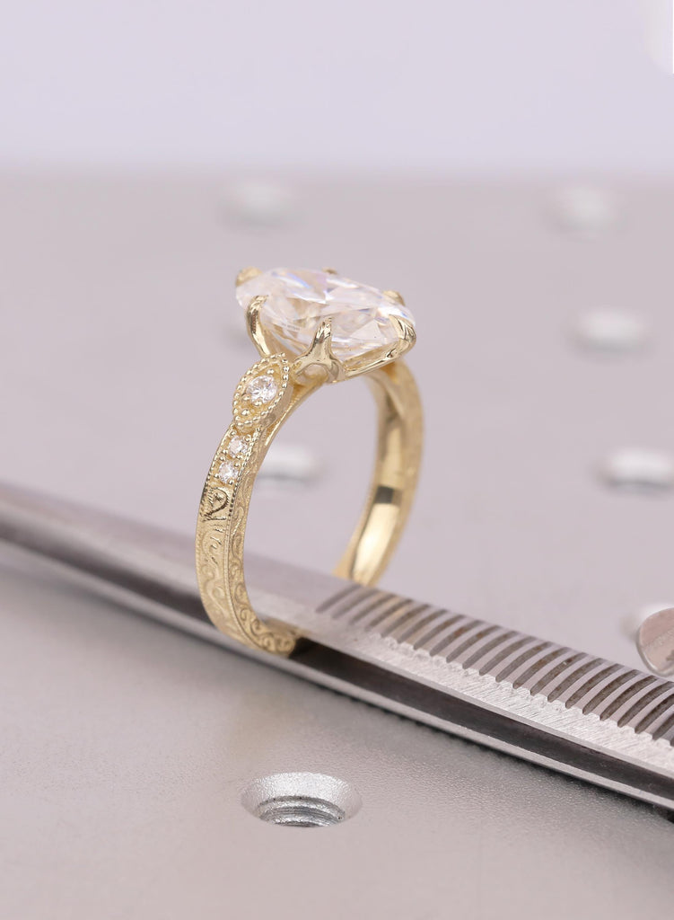 Vintage Tulip Setting Moissanite Engagement Rings for Women | 14K Yellow Gold Filigree Proposal Ring | Diamond Alternative Bridal Jewelry image #12
