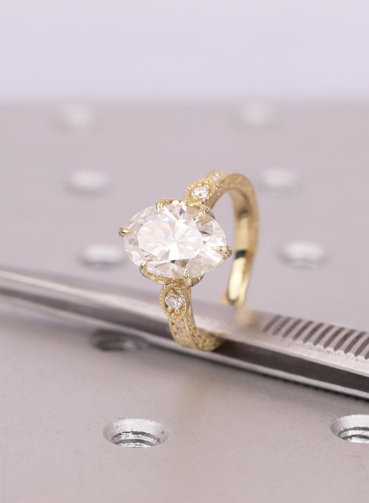 Moissanite Solid Gold Victorian Wedding Ring | Anniversary Gift for Her | Unique Oval cut Custom Engagement Ring image #7