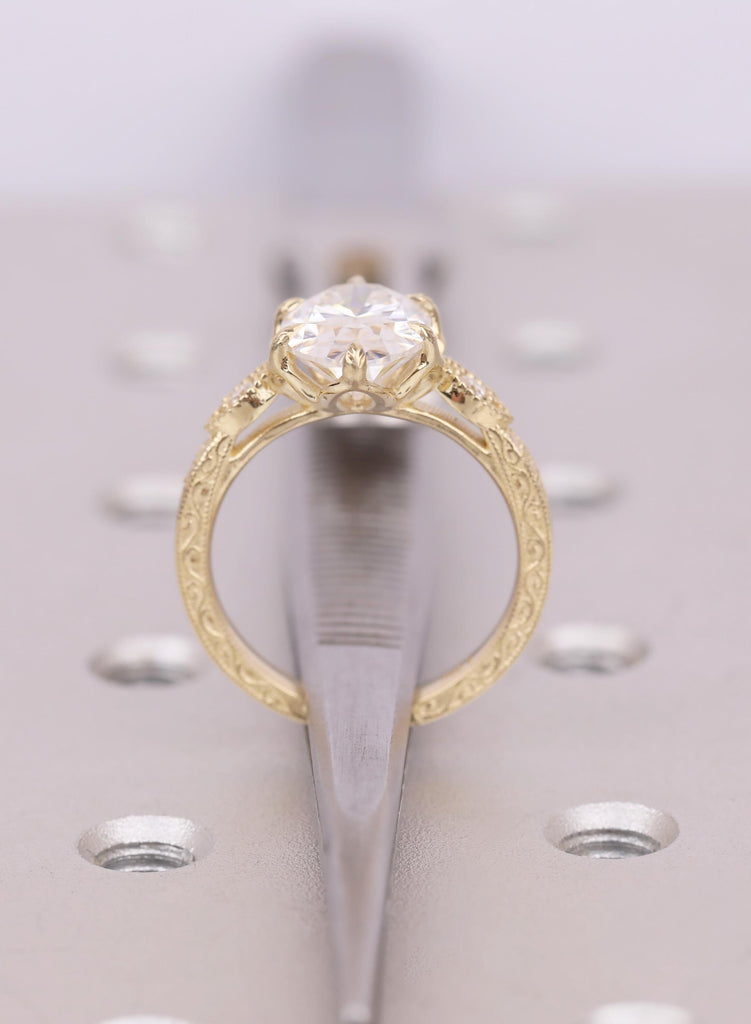 Vintage Tulip Setting Oval Lab Diamond Engagement Rings for Women | 14k Yellow Gold Filigree Proposal Ring | Bridal Jewelry image #10