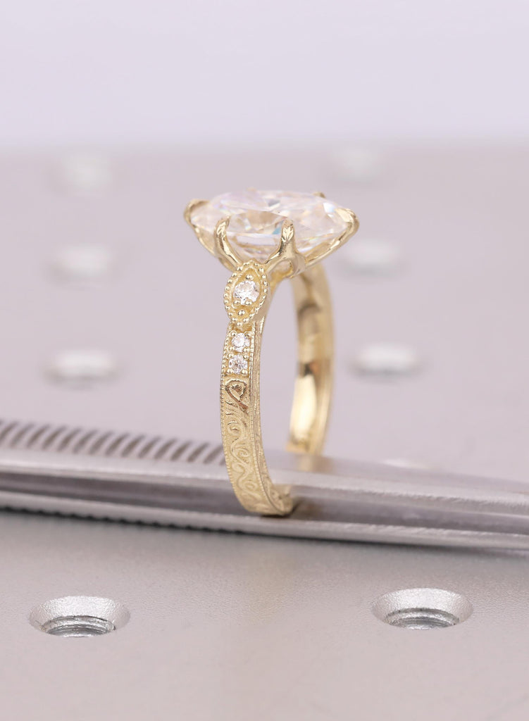 Oval Lab Diamond Engagement Ring | 14k Yellow Gold  Art Deco Promise Ring | Vintage Tulip Setting Filigree Ring image #11