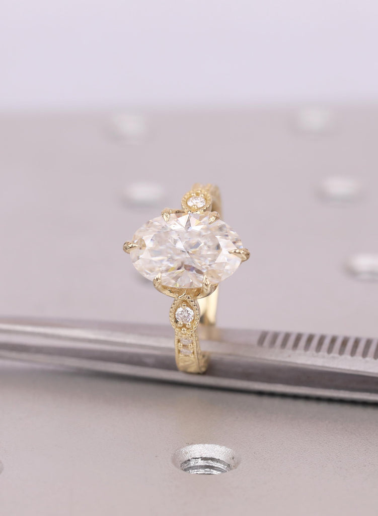 Vintage Tulip Setting Oval Lab Diamond Engagement Rings for Women | 14k Yellow Gold Filigree Proposal Ring | Bridal Jewelry image #9