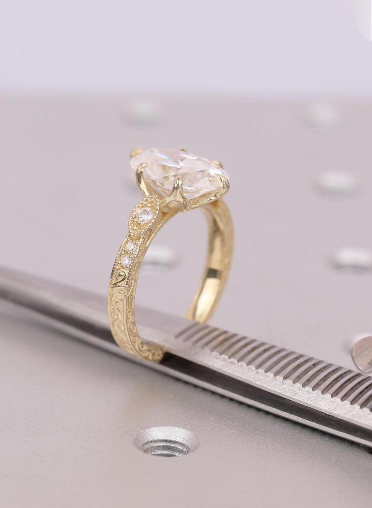 Oval Lab Diamond Engagement Ring | 14k Yellow Gold  Art Deco Promise Ring | Vintage Tulip Setting Filigree Ring image #12