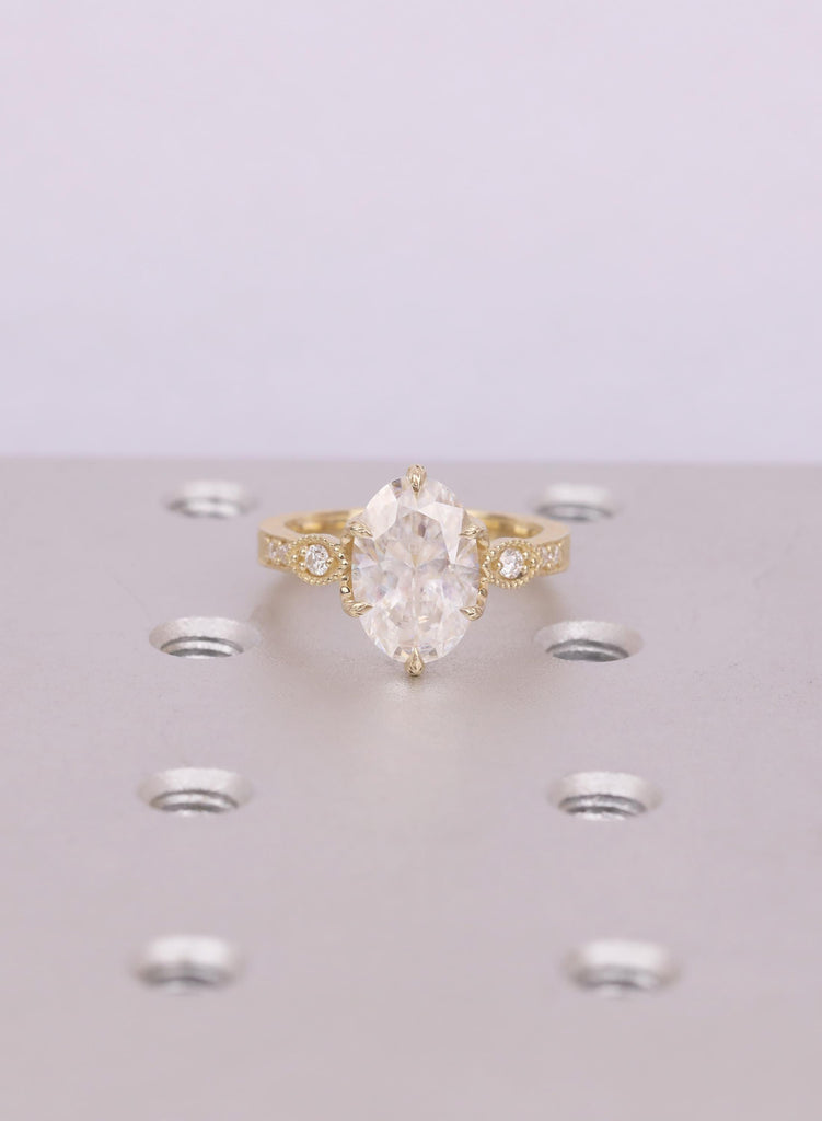 Vintage Tulip Setting Oval Lab Diamond Engagement Rings for Women | 14k Yellow Gold Filigree Proposal Ring | Bridal Jewelry image #1