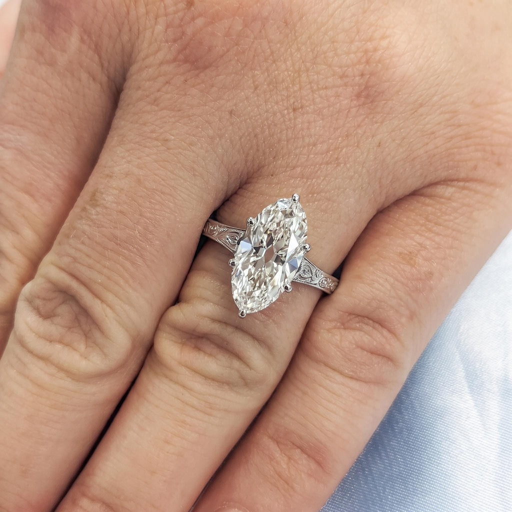 14k White Gold Elongated Oval Solitaire Moissanite Ring | Vintage Filigree Bridal Jewelry Anniversary Gift for Her image #1