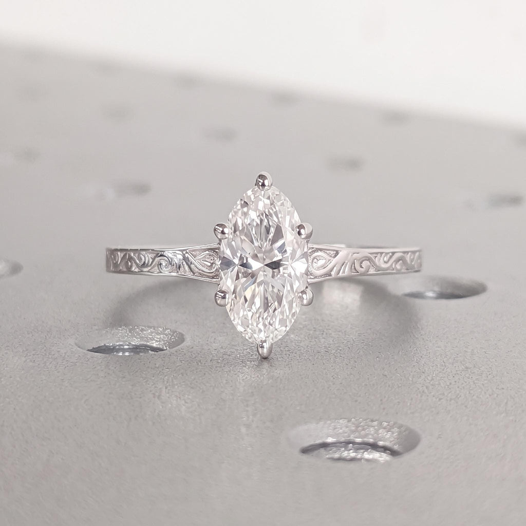 Moval cut Diamond Solitaire Vintage Engagement Rings for Women | Solid Gold Filigree Wedding Band | Anniversary Gift image #3
