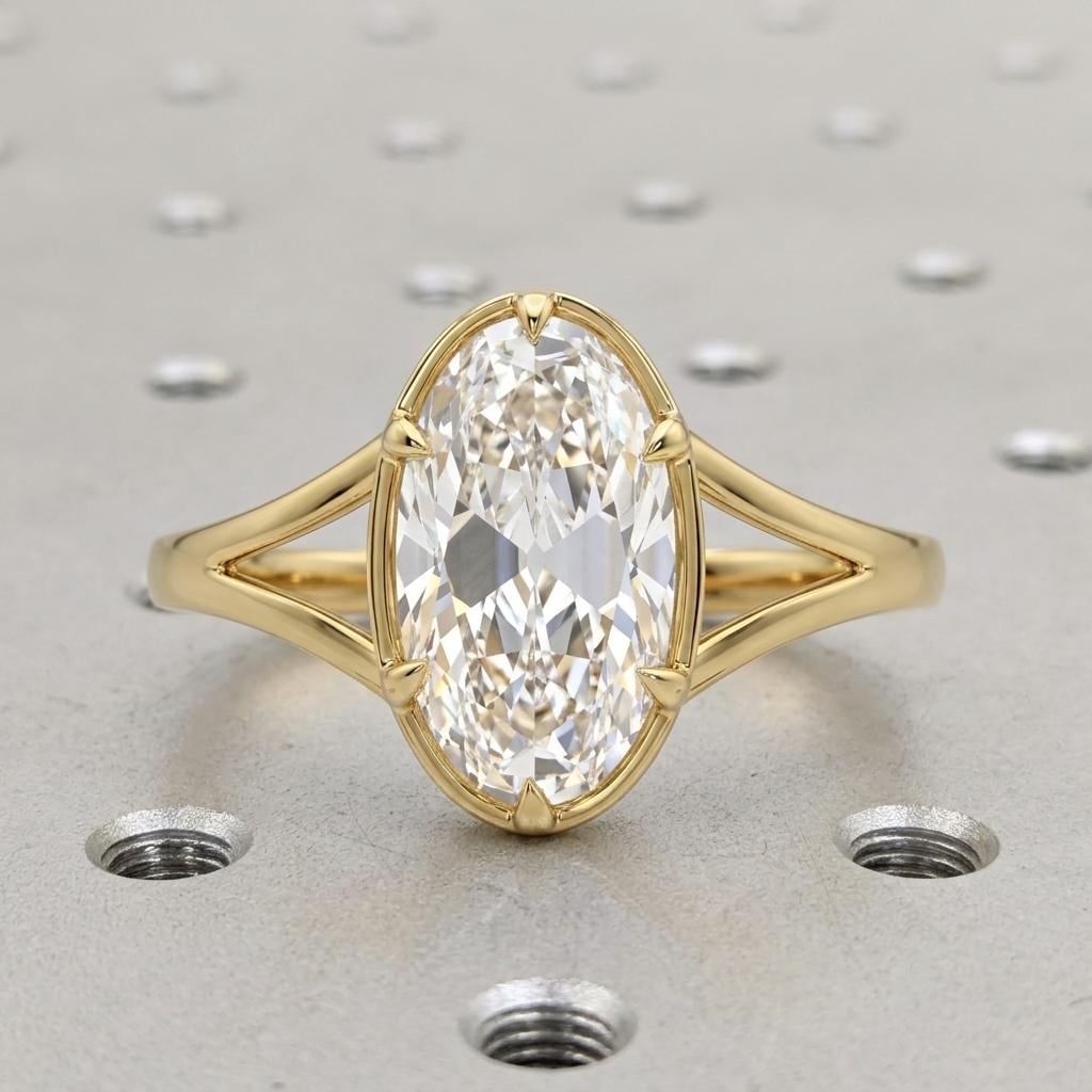 Elongated Oval Moissanite Promise Ring | Split Shank Solitaire Ring | Bezel set Solid Gold Ring Anniversary Gift image #2