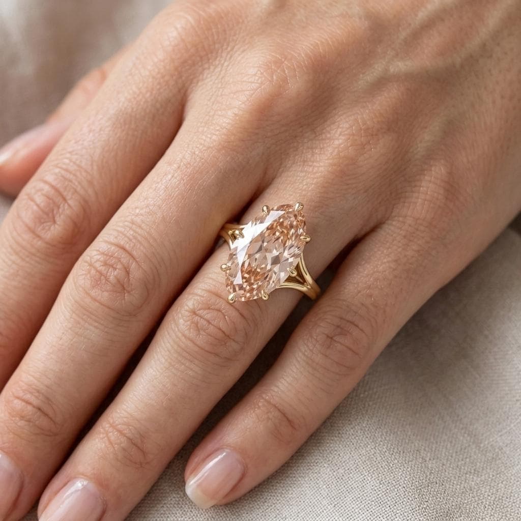 14K Gold Split Shank Solitaire Old Miner Moval Ring | Champagne Lab Diamond | Wedding Jewelry image #1
