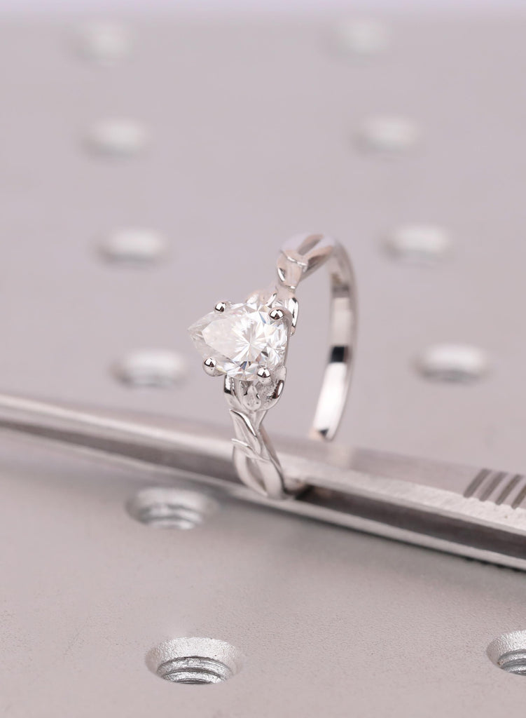 1 CT Pear Cut Ring | Nature Inspired Vintage Twig Lab Diamond Leaf Ring | 14K White Gold | Vintage Wedding Jewelry image #8
