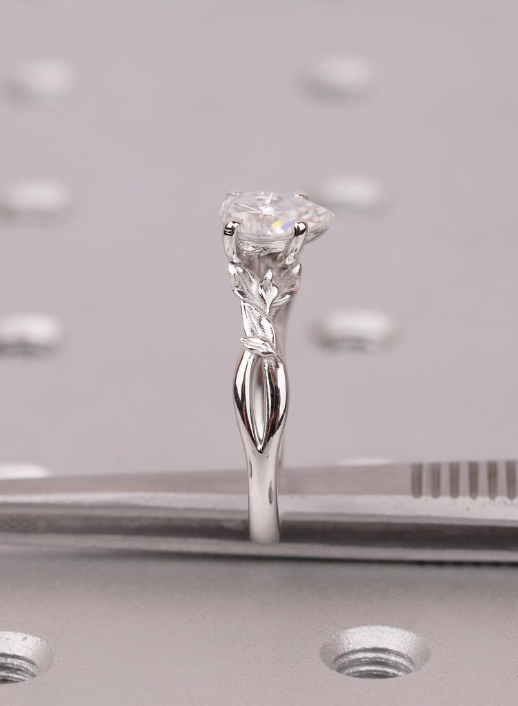 1ct Pear Cut Vintage Lab Diamond Engagement Ring |  14K White Gold Ring | Nature Inspired Engagement Ring Leaf Branch Twig Ring | Leaf Ring image #12