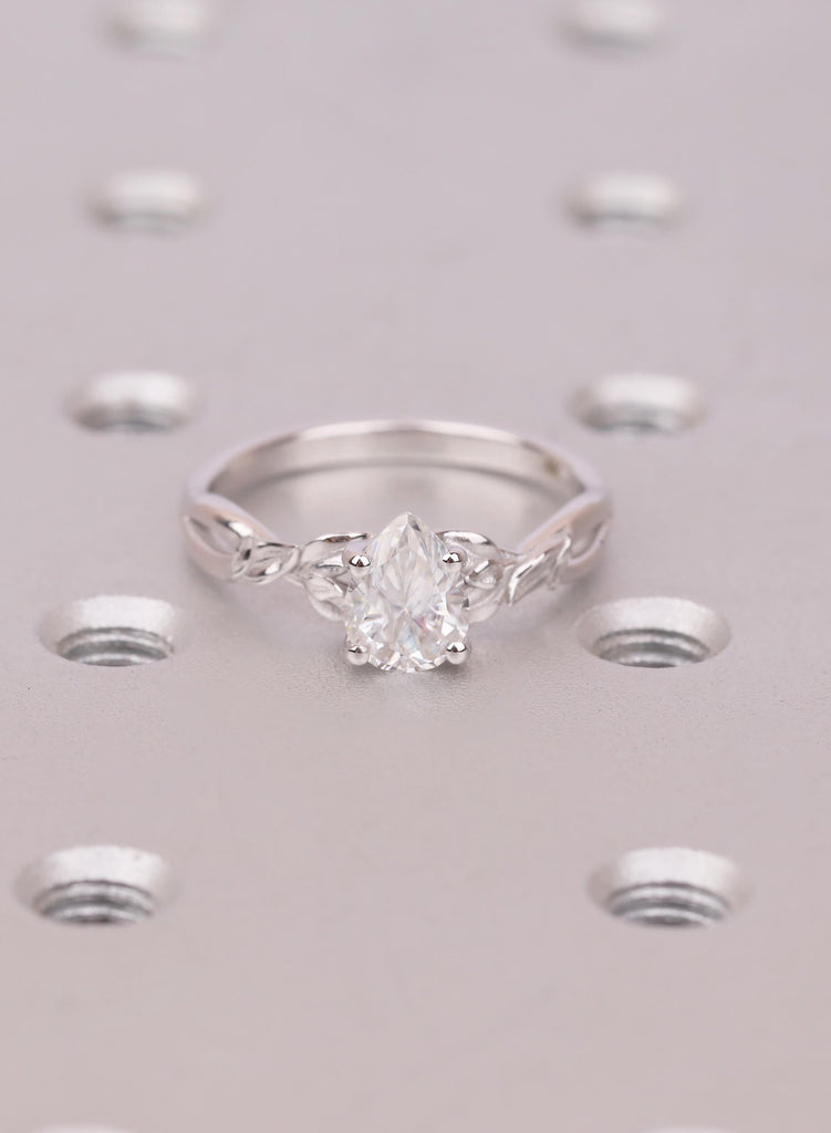 1ct Pear Cut Vintage Lab Diamond Engagement Ring |  14K White Gold Ring | Nature Inspired Engagement Ring Leaf Branch Twig Ring | Leaf Ring image #1