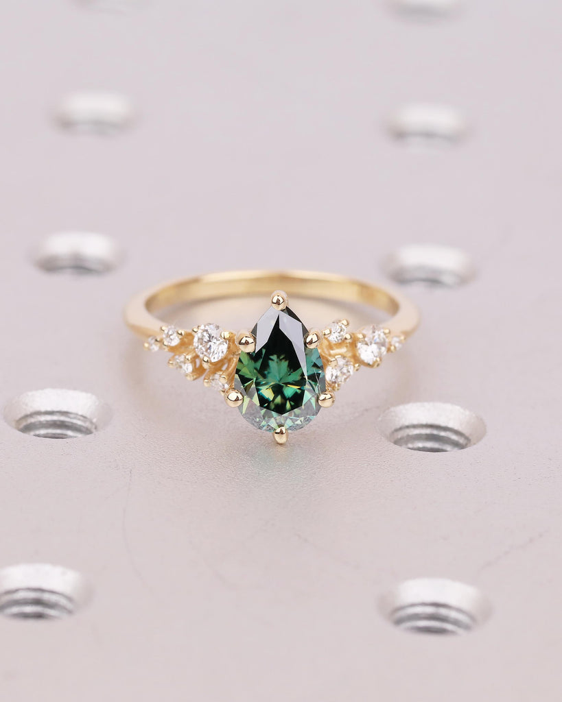 Pear Cut Green Moissanite Engagement Ring, Art Deco 18k Yellow Gold Diamond Cluster Ring image #12