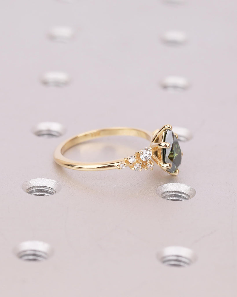 18k Solid Gold Green Moissanite Ring, Vintage Pear Engagement Ring, Diamond Cluster Wedding Rings for Women, Unique Anniversary Jewelry image #14