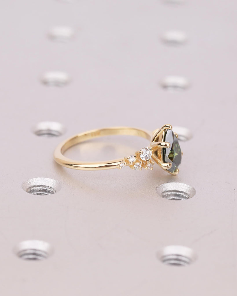 Pear Cut Green Moissanite Engagement Ring, Art Deco 18k Yellow Gold Diamond Cluster Ring image #14