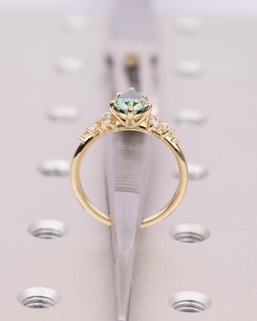 18k Solid Gold Green Moissanite Ring, Vintage Pear Engagement Ring, Diamond Cluster Wedding Rings for Women, Unique Anniversary Jewelry image #6