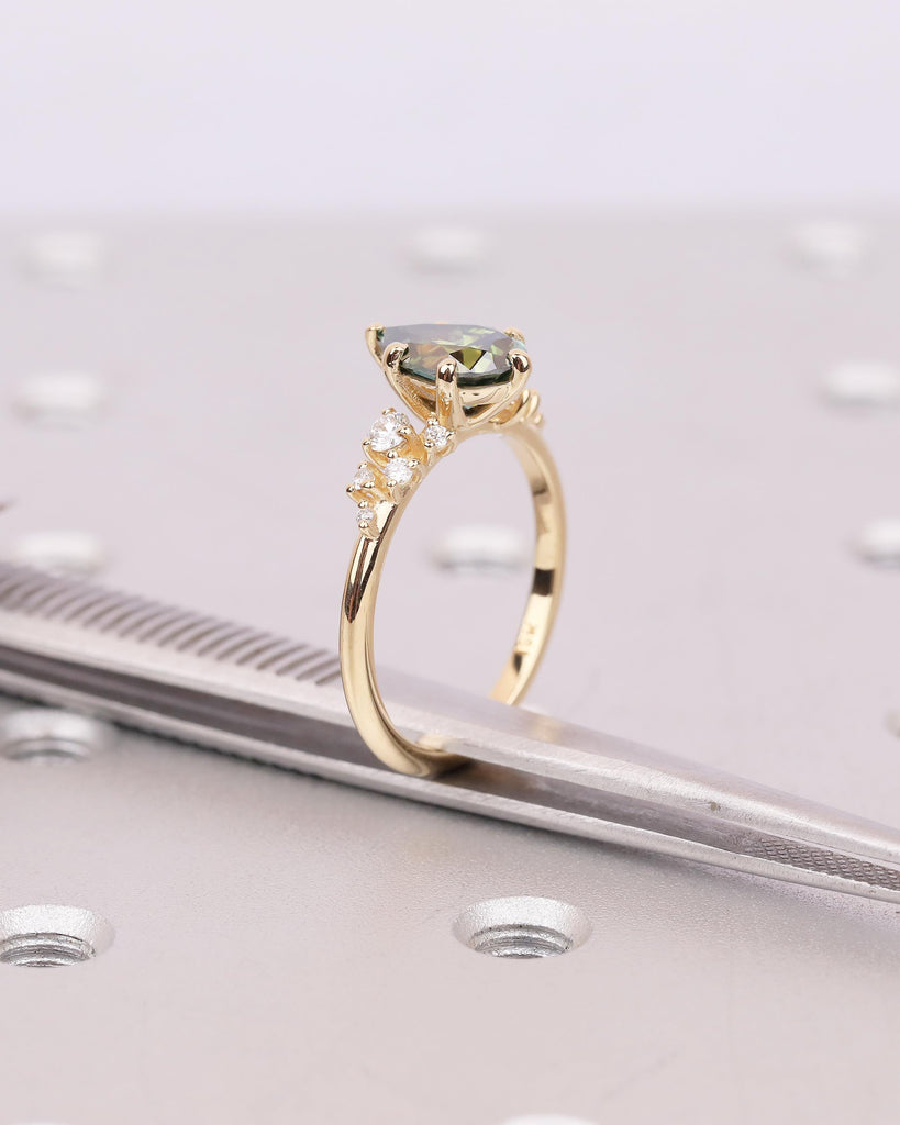 18k Solid Gold Green Moissanite Ring, Vintage Pear Engagement Ring, Diamond Cluster Wedding Rings for Women, Unique Anniversary Jewelry image #18