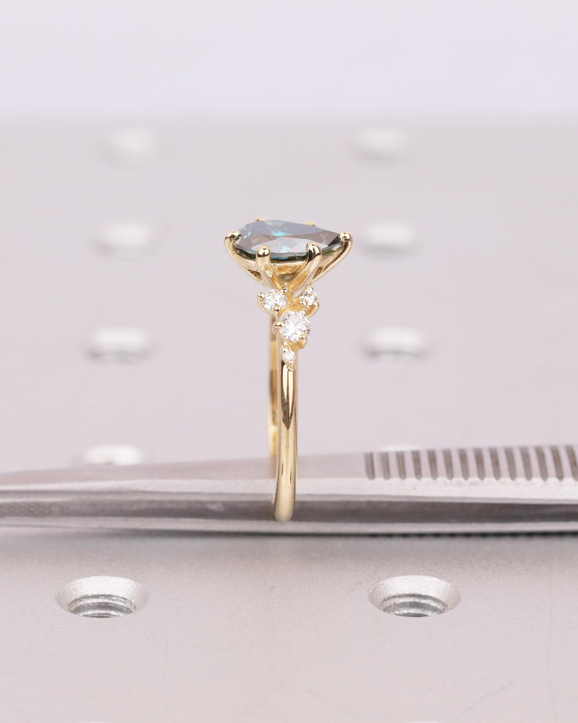 Pear Cut Green Moissanite Engagement Ring, Art Deco 18k Yellow Gold Diamond Cluster Ring image #15