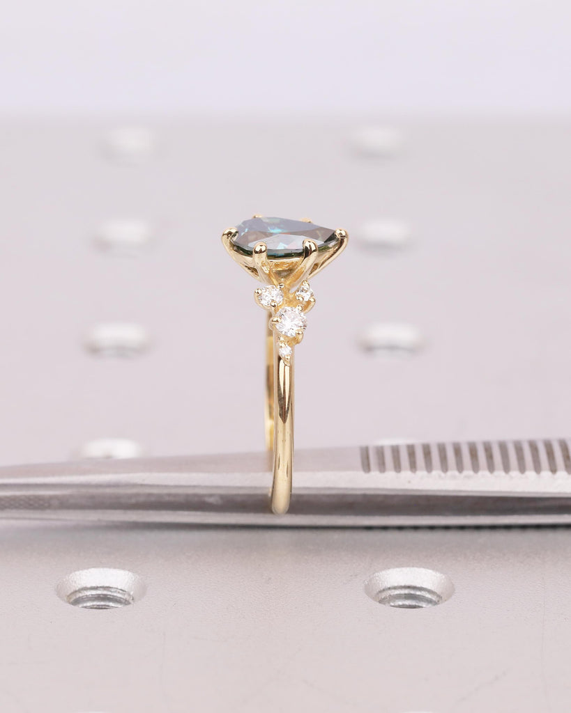 18k Solid Gold Green Moissanite Ring, Vintage Pear Engagement Ring, Diamond Cluster Wedding Rings for Women, Unique Anniversary Jewelry image #15