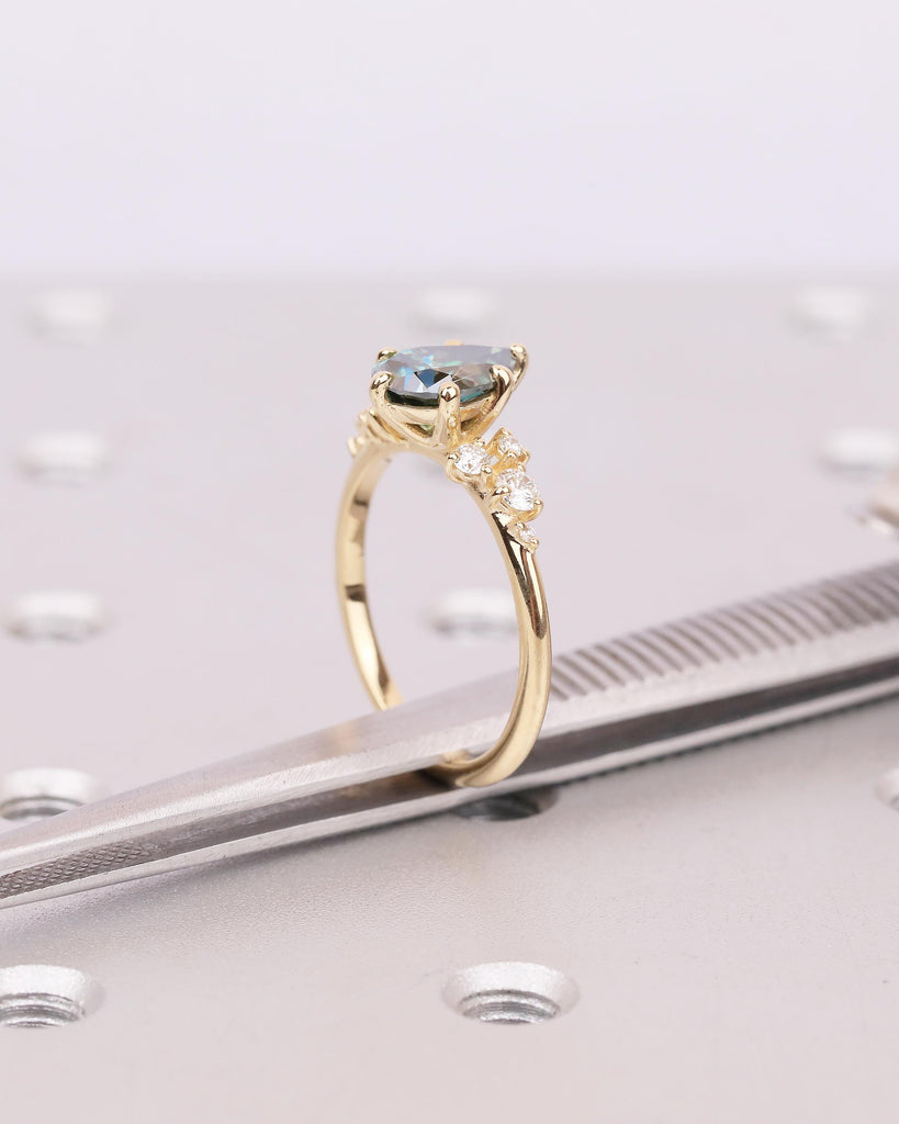 Pear Cut Green Moissanite Engagement Ring, Art Deco 18k Yellow Gold Diamond Cluster Ring image #5