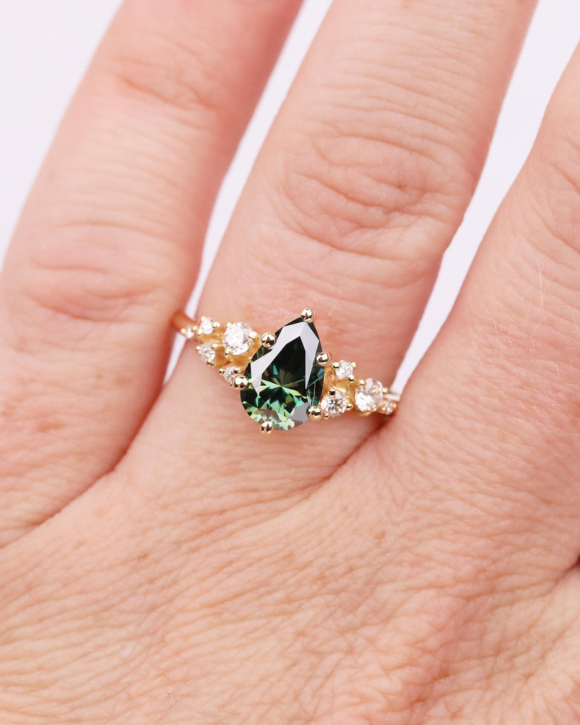 18k Solid Gold Green Moissanite Ring, Vintage Pear Engagement Ring, Diamond Cluster Wedding Rings for Women, Unique Anniversary Jewelry image #13