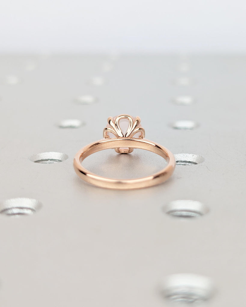 Round Rose Quartz Engagement Ring, Solitaire 14k Solid Gold Promise Ring for Her, Petal Prong Women Wedding Rings, Unique Nature Jewelry image #7