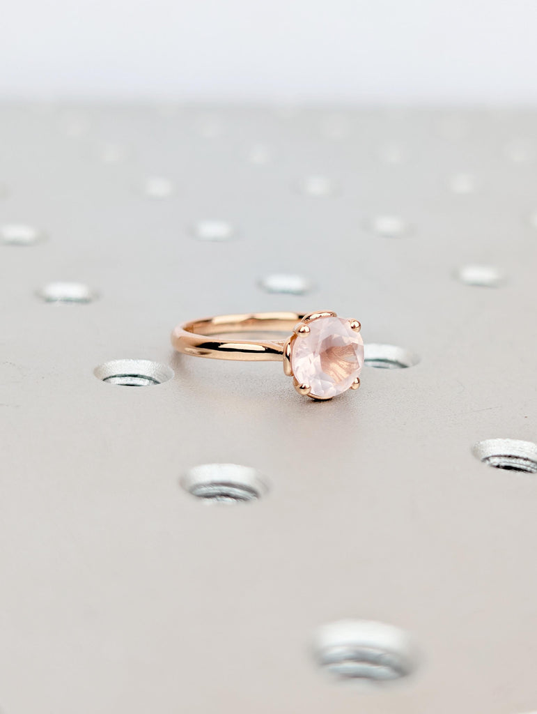 Round Rose Quartz Engagement Ring, Solitaire 14k Solid Gold Promise Ring for Her, Petal Prong Women Wedding Rings, Unique Nature Jewelry image #5