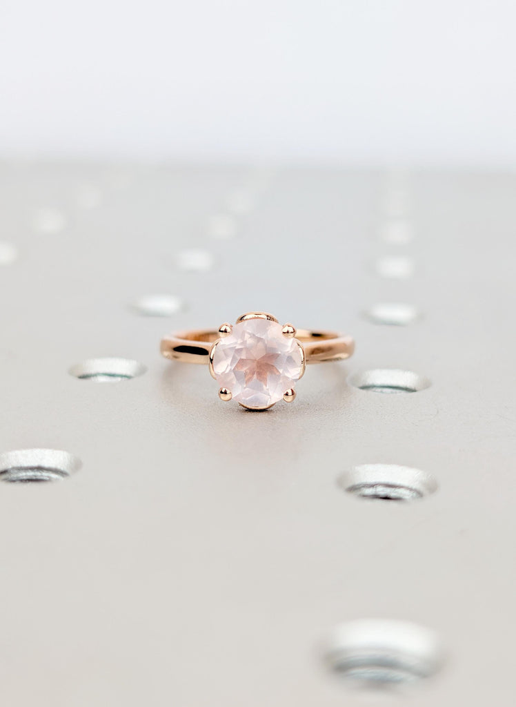 Round Rose Quartz Engagement Ring, Solitaire 14k Solid Gold Promise Ring for Her, Petal Prong Women Wedding Rings, Unique Nature Jewelry image #1