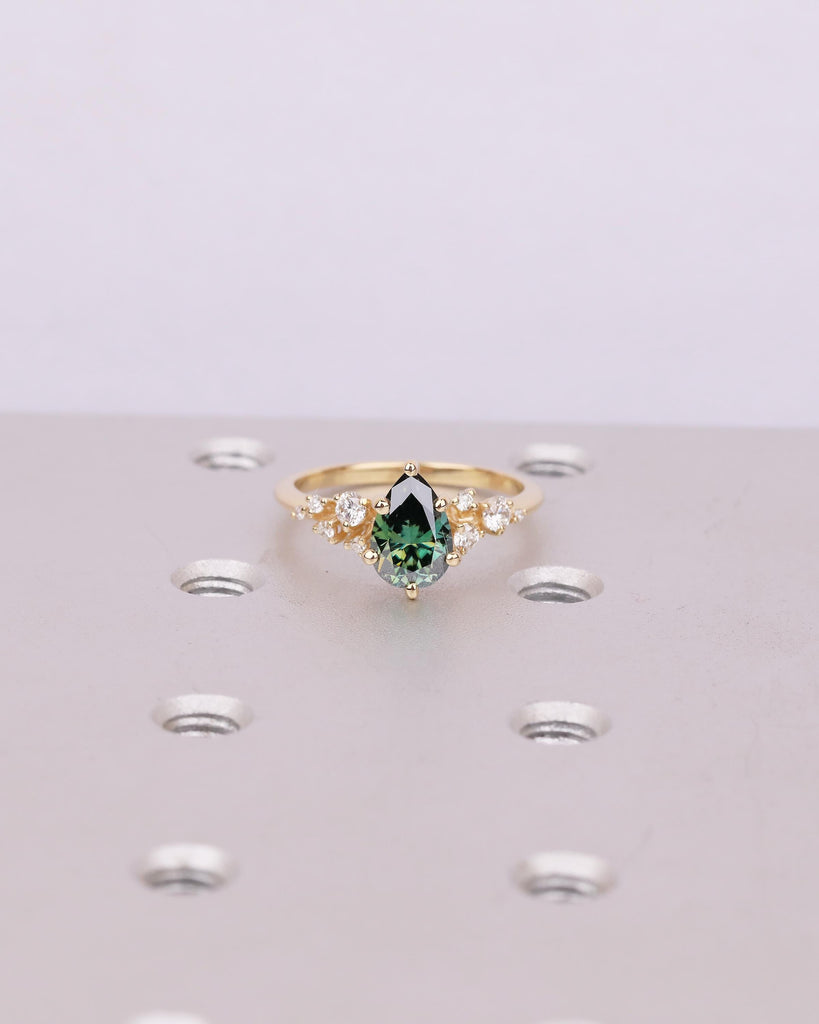 Pear Cut Green Moissanite Engagement Ring, Art Deco 18k Yellow Gold Diamond Cluster Ring image #2