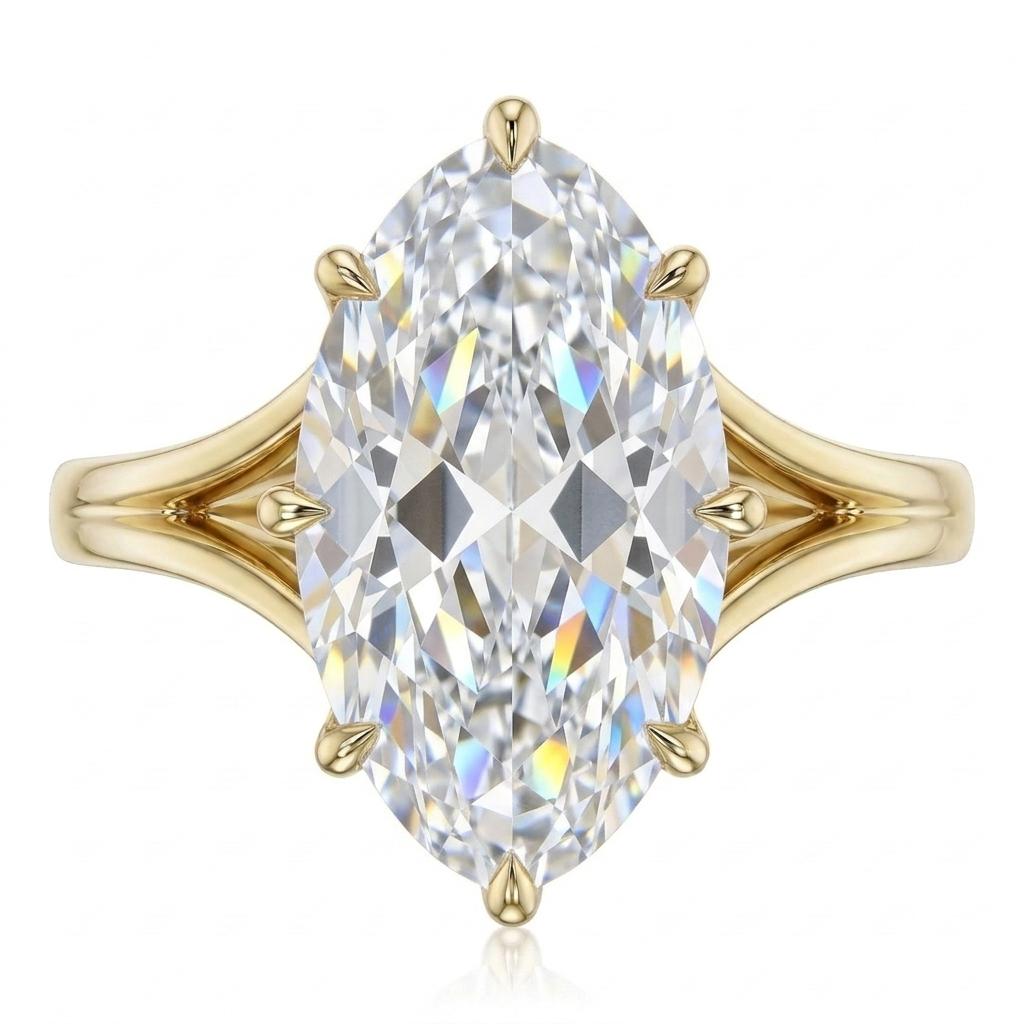 14K Gold Moval Cut Lab Diamond Engagement Ring, Split Shank Solitaire, Vintage Style Ring For Her image #4